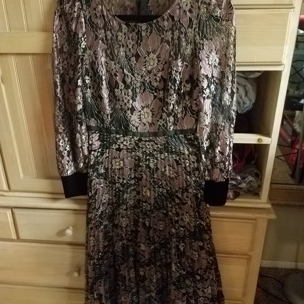 Rose Gold Floral,Lace,pleated long sleeve dress